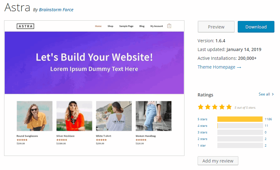 Astra Theme Review - Ratings on WordPress